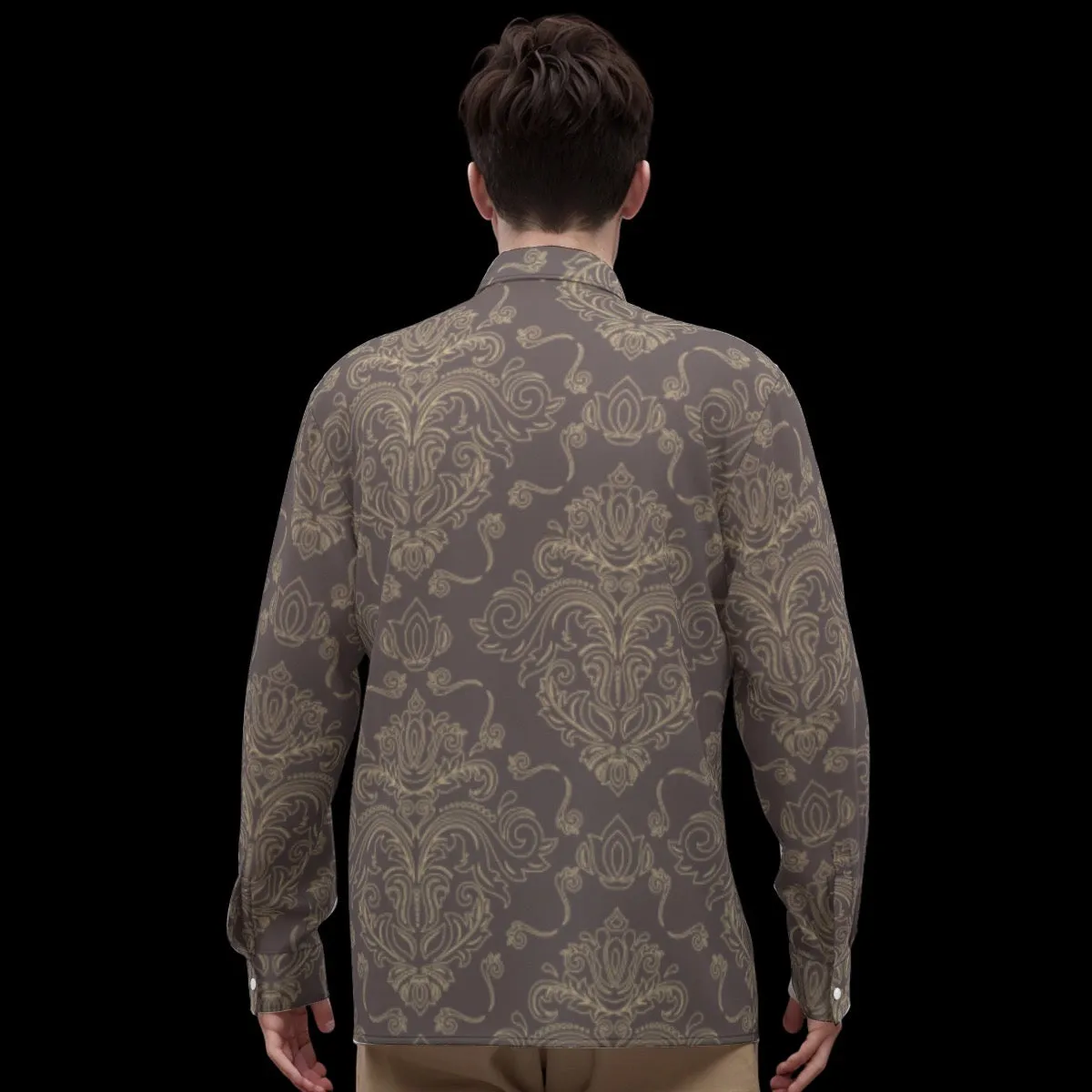 All-Over Print Men's Imitation Silk Long-Sleeved Shirt j4 beige