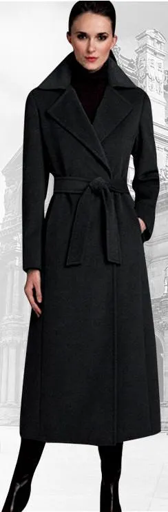 Belted Long Black Wool Wrap Coat