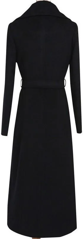 Belted Long Black Wool Wrap Coat