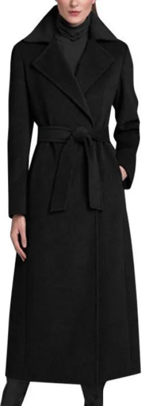 Belted Long Black Wool Wrap Coat