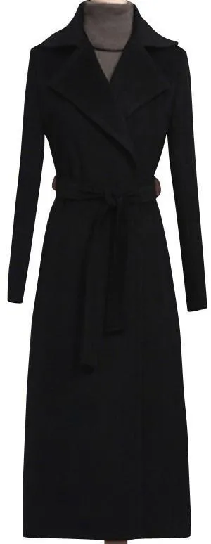 Belted Long Black Wool Wrap Coat