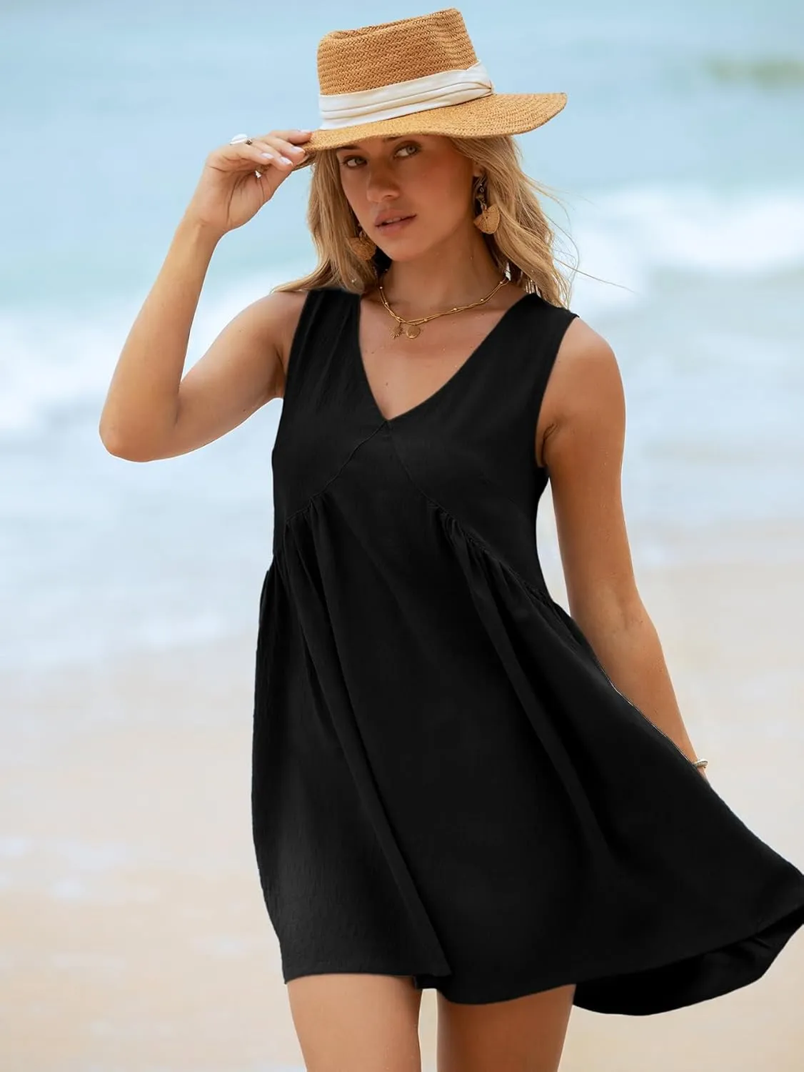 BerryGo Womens Summer Sleeveless Mini Dress Casual V Neck Beach Tank Babydoll Short Sundresses for Vacation Party 2025