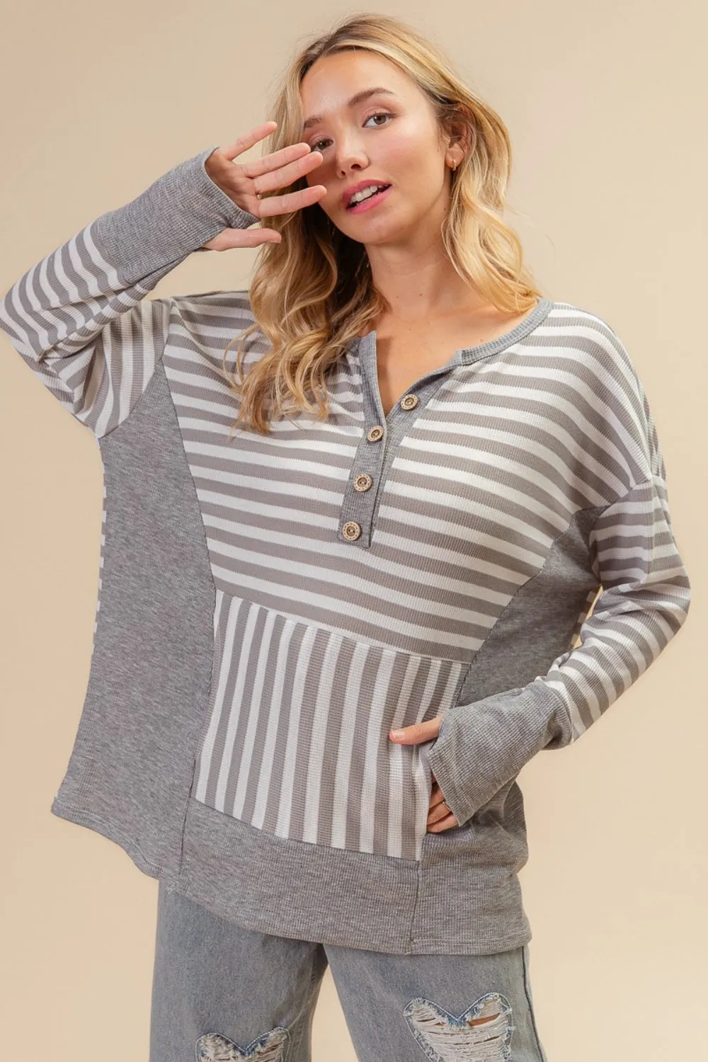 Blue Zone Planet |  BiBi Striped Thumbhole Long Sleeve Top
