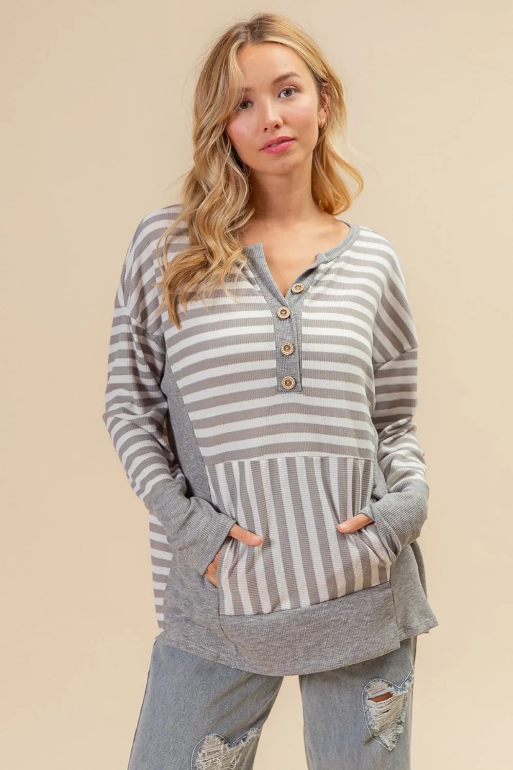 Blue Zone Planet |  BiBi Striped Thumbhole Long Sleeve Top
