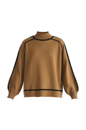 Brown and Black Contrast Stripe Piping Mock Neck Jumper