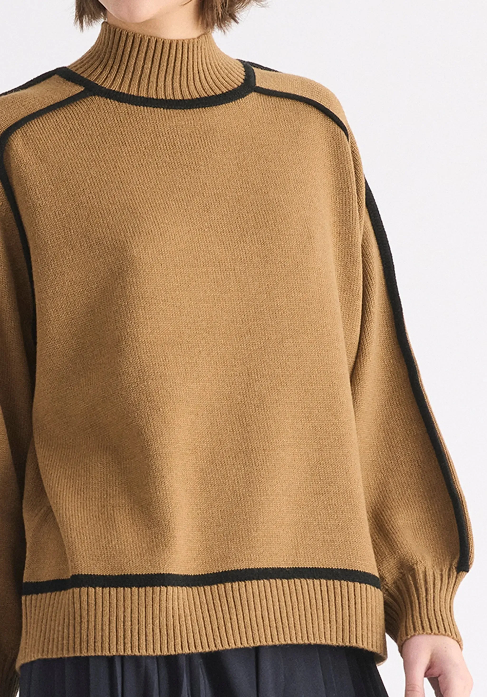 Brown and Black Contrast Stripe Piping Mock Neck Jumper