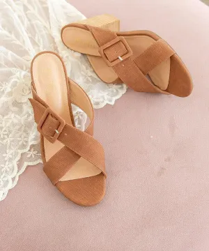 Brown Criss Cross Buckle Detail Slip-On Leather Wrap Heel