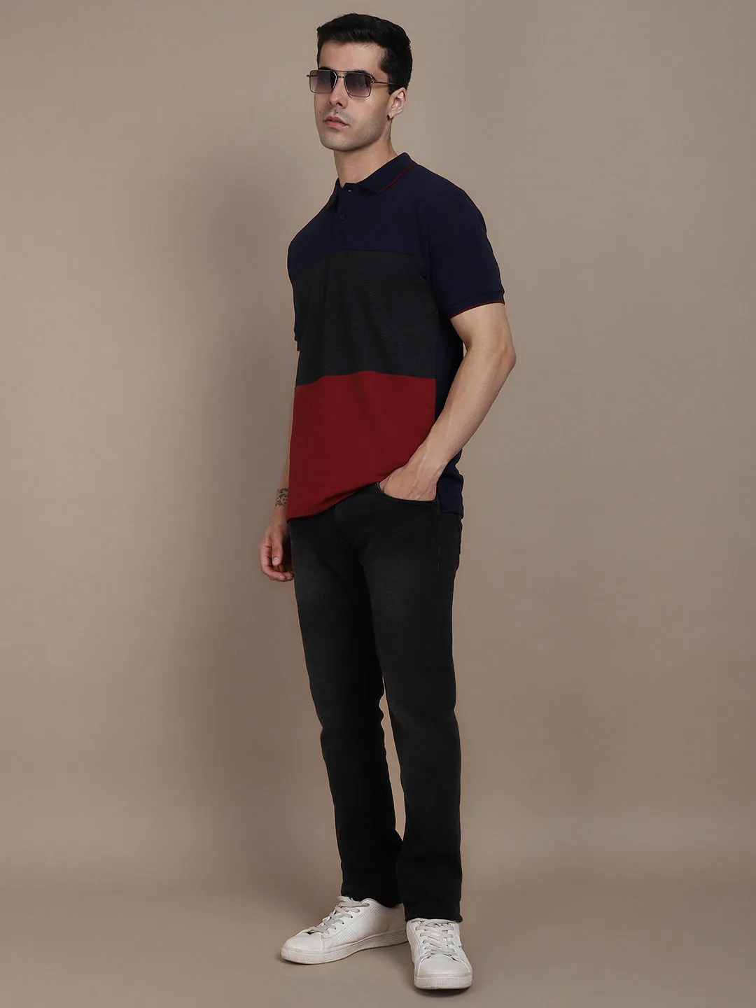 Dennis Lingo Colourblocked Polo Collar Pure Cotton T-shirt