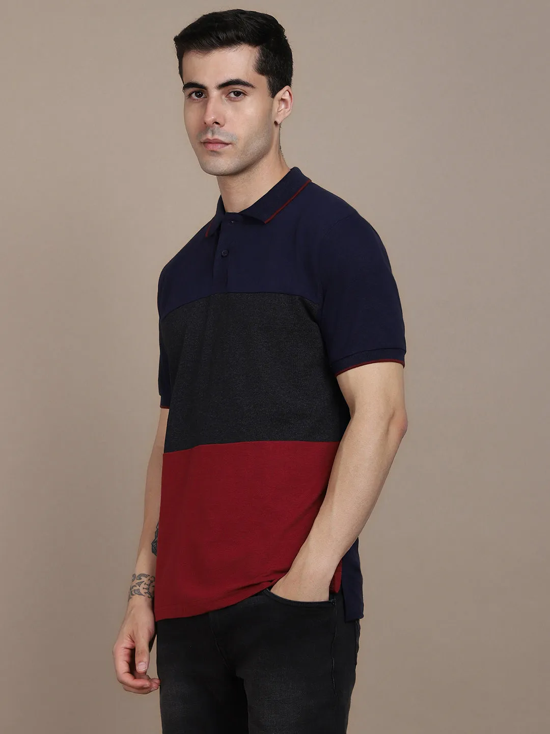 Dennis Lingo Colourblocked Polo Collar Pure Cotton T-shirt