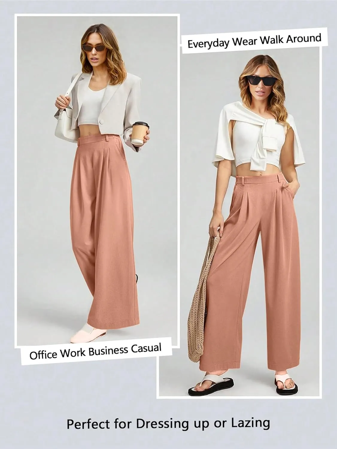 EVALESS Women's Wide Leg Pants Elastic High Waisted Waffle Knit Casual Palazzo Pants Trousers with Pockets