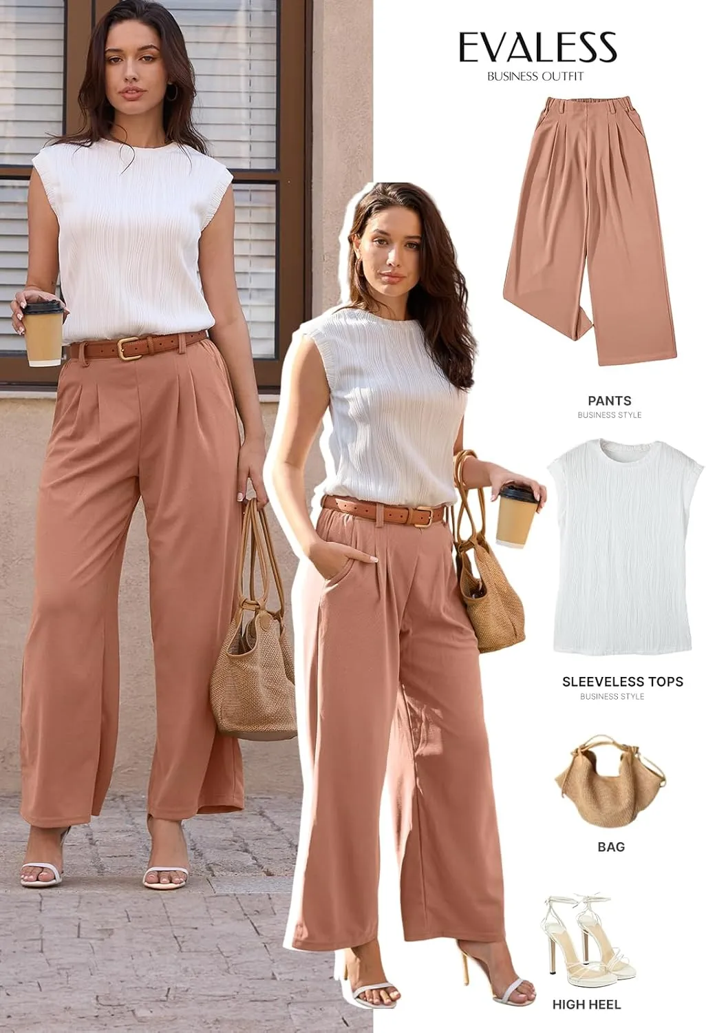 EVALESS Women's Wide Leg Pants Elastic High Waisted Waffle Knit Casual Palazzo Pants Trousers with Pockets