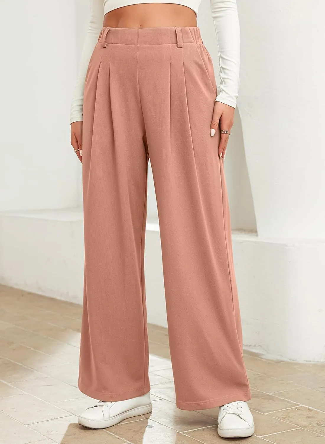 EVALESS Women's Wide Leg Pants Elastic High Waisted Waffle Knit Casual Palazzo Pants Trousers with Pockets