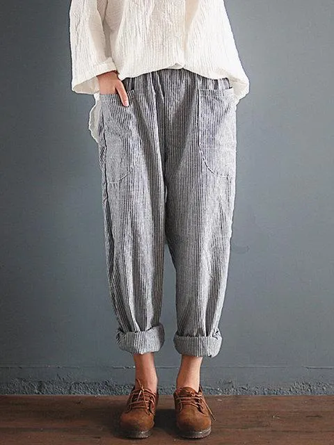 FashionSierra - Linen Gray Striped Pants Women