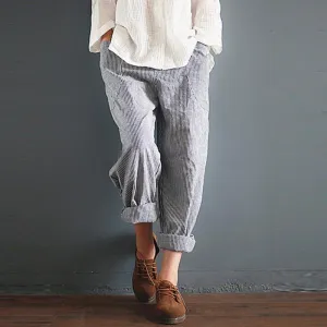 FashionSierra - Linen Gray Striped Pants Women