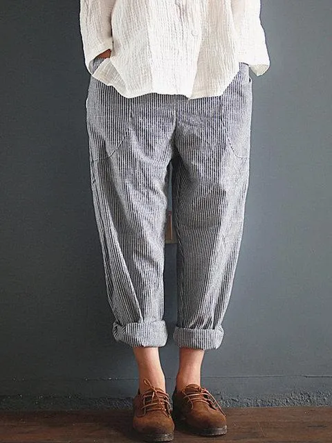 FashionSierra - Linen Gray Striped Pants Women