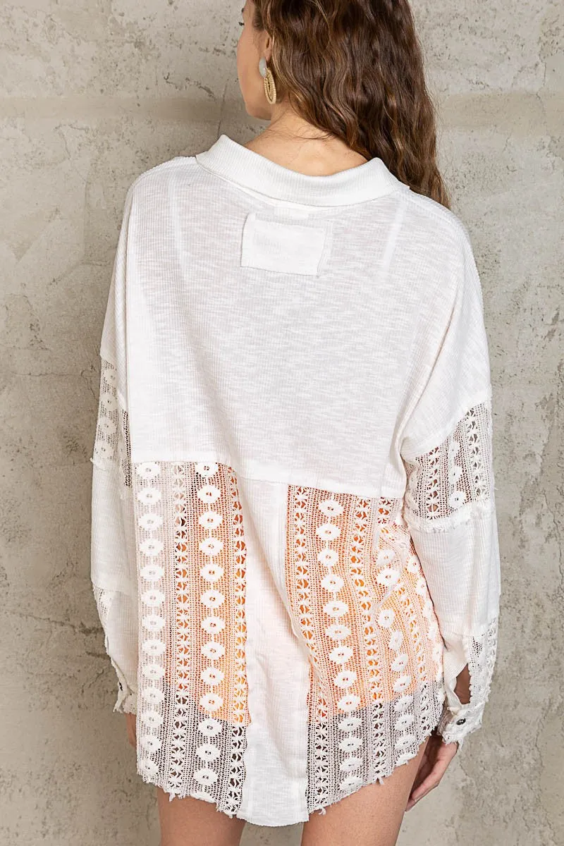 Lace crochet sleeve button down slub shirt