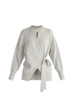 Light Grey Open Front Mock Neck Wrap Jumper