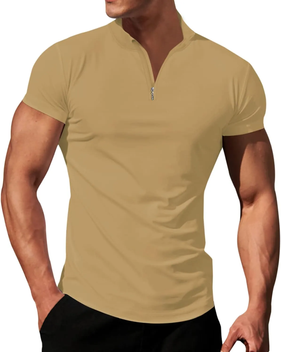 LOGEEYAR Mens Quarter-Zip V Neck Polo Shirts Slim Fit Short Sleeve Athletic T-Shirt Henley Shirt