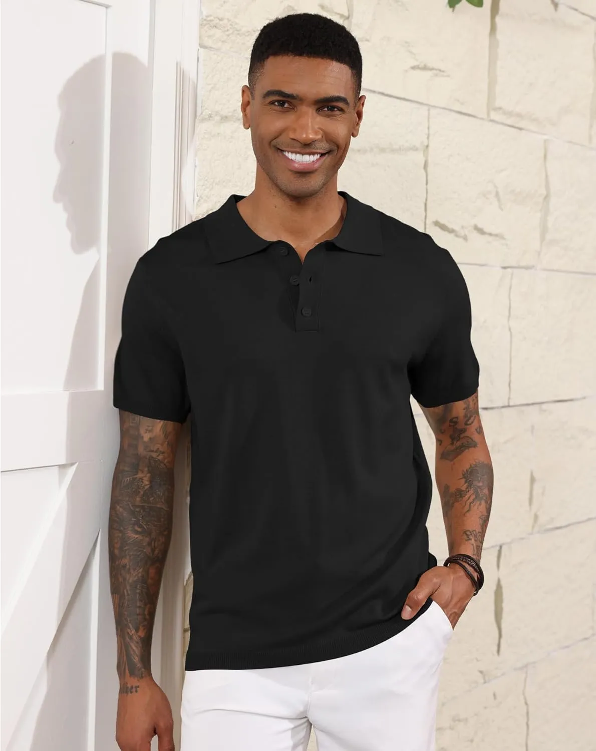 Mens Knit Polo Shirts Casual Short Sleeve Classic Basic Button Down Golf Shirts