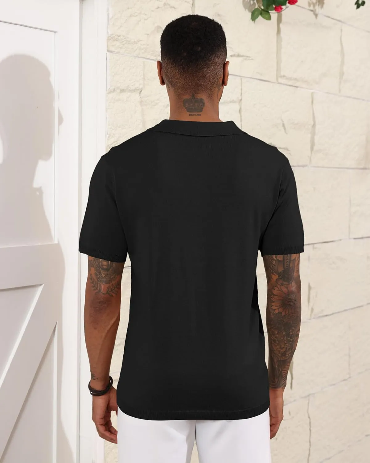 Mens Knit Polo Shirts Casual Short Sleeve Classic Basic Button Down Golf Shirts