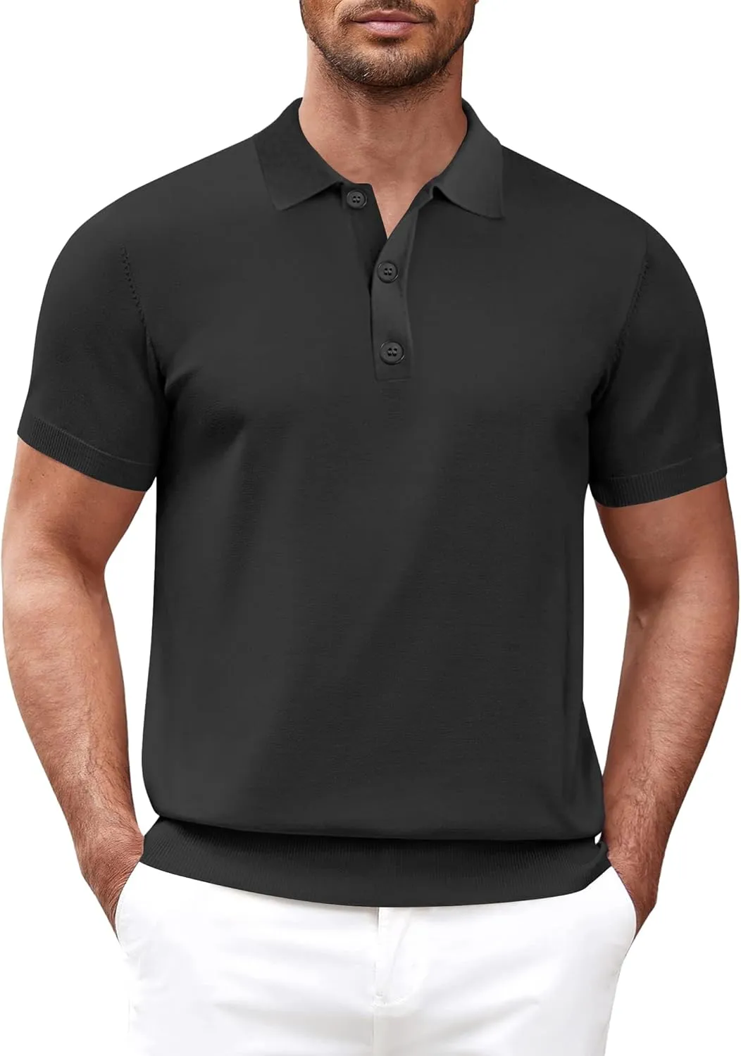 Mens Knit Polo Shirts Casual Short Sleeve Classic Basic Button Down Golf Shirts