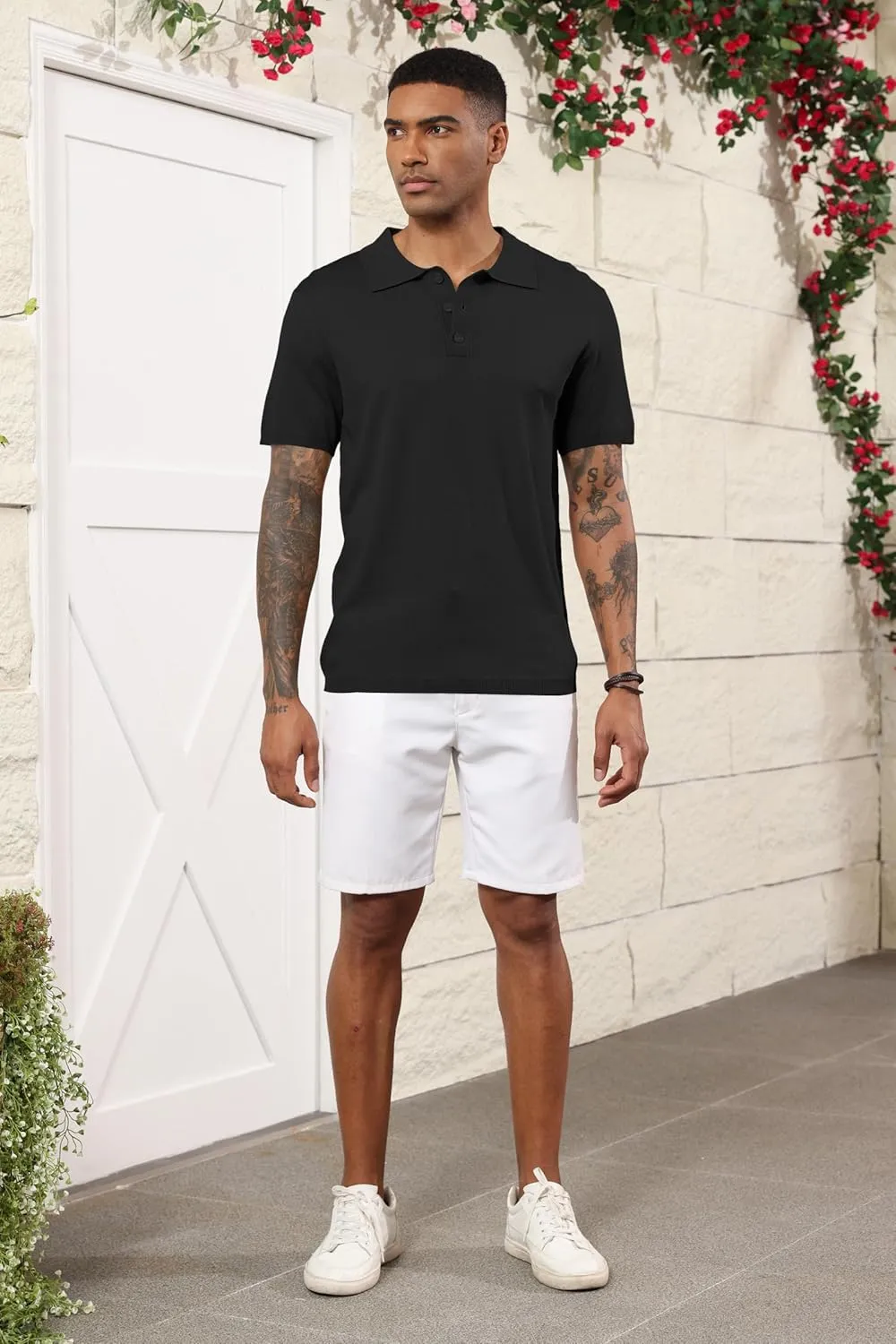 Mens Knit Polo Shirts Casual Short Sleeve Classic Basic Button Down Golf Shirts