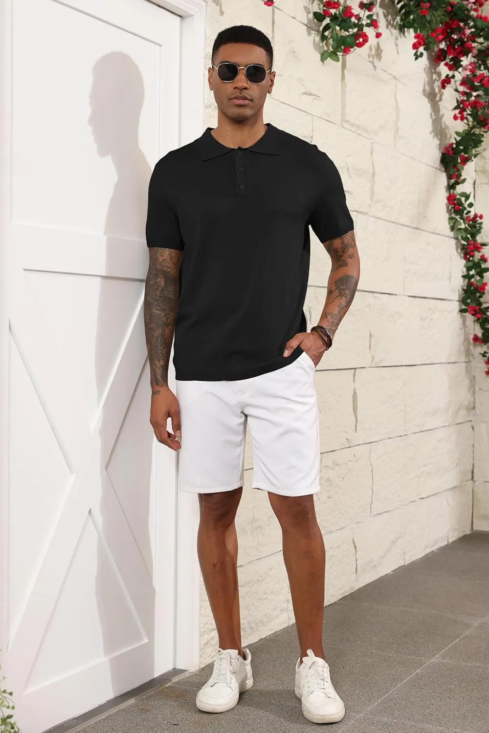 Mens Knit Polo Shirts Casual Short Sleeve Classic Basic Button Down Golf Shirts