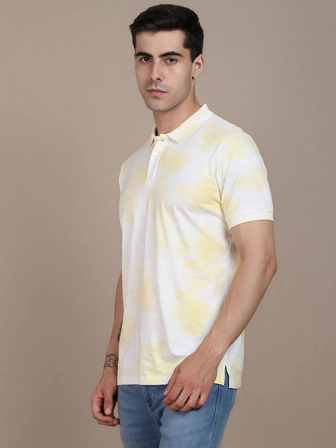 Men's Polo Collar Yellow  Dyed Casual T-shirt