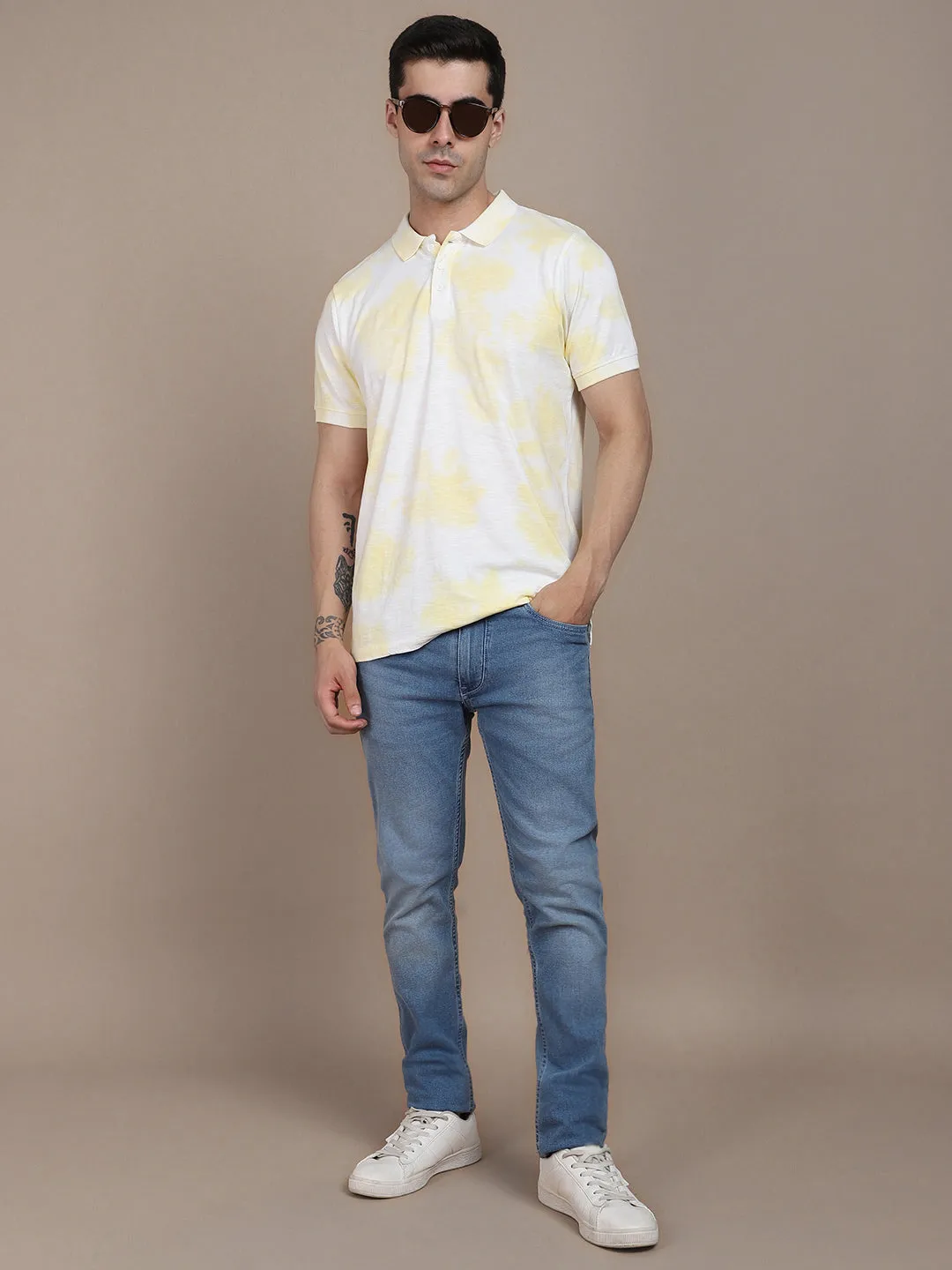 Men's Polo Collar Yellow  Dyed Casual T-shirt