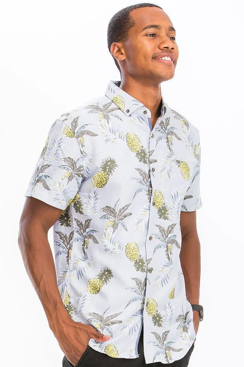 Mens White Pineapple Hawaiian Shirt Button Down