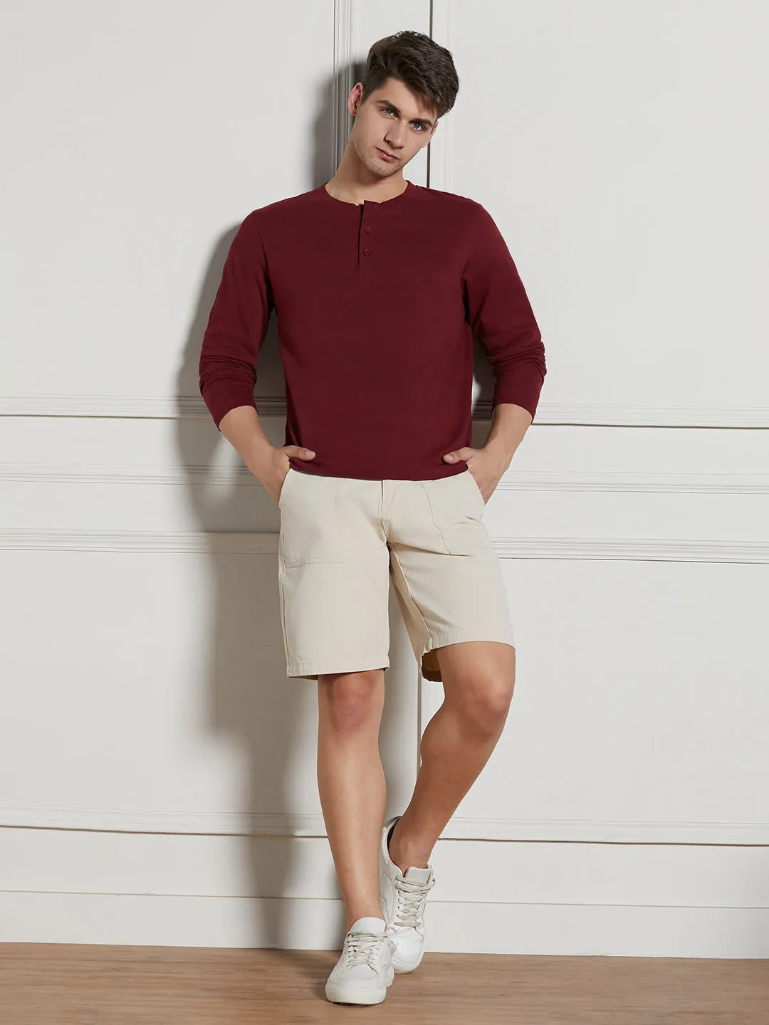 Men's Wine Cotton Regular Fit Textured Henley Neck T-Shirt