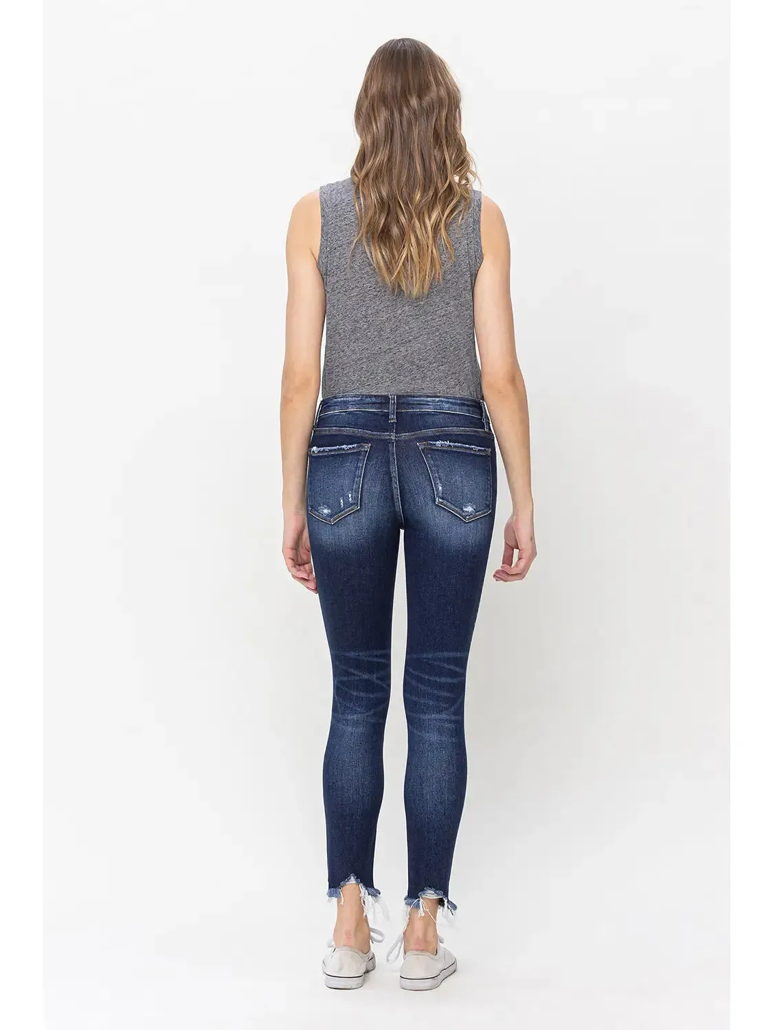 Mid Rise Uneven Raw Hem W Distressed Crop Skinny Jean