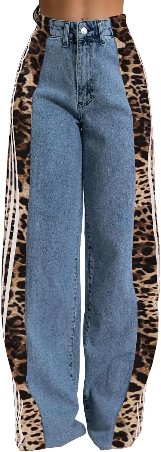 Nihsatin Women's Two Tone Jeans Wide Leg High Waisted Stretchy Buttoned Denim Pants