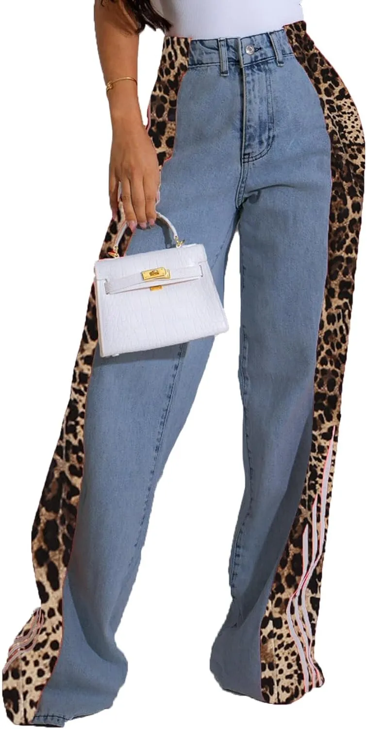 Nihsatin Women's Two Tone Jeans Wide Leg High Waisted Stretchy Buttoned Denim Pants