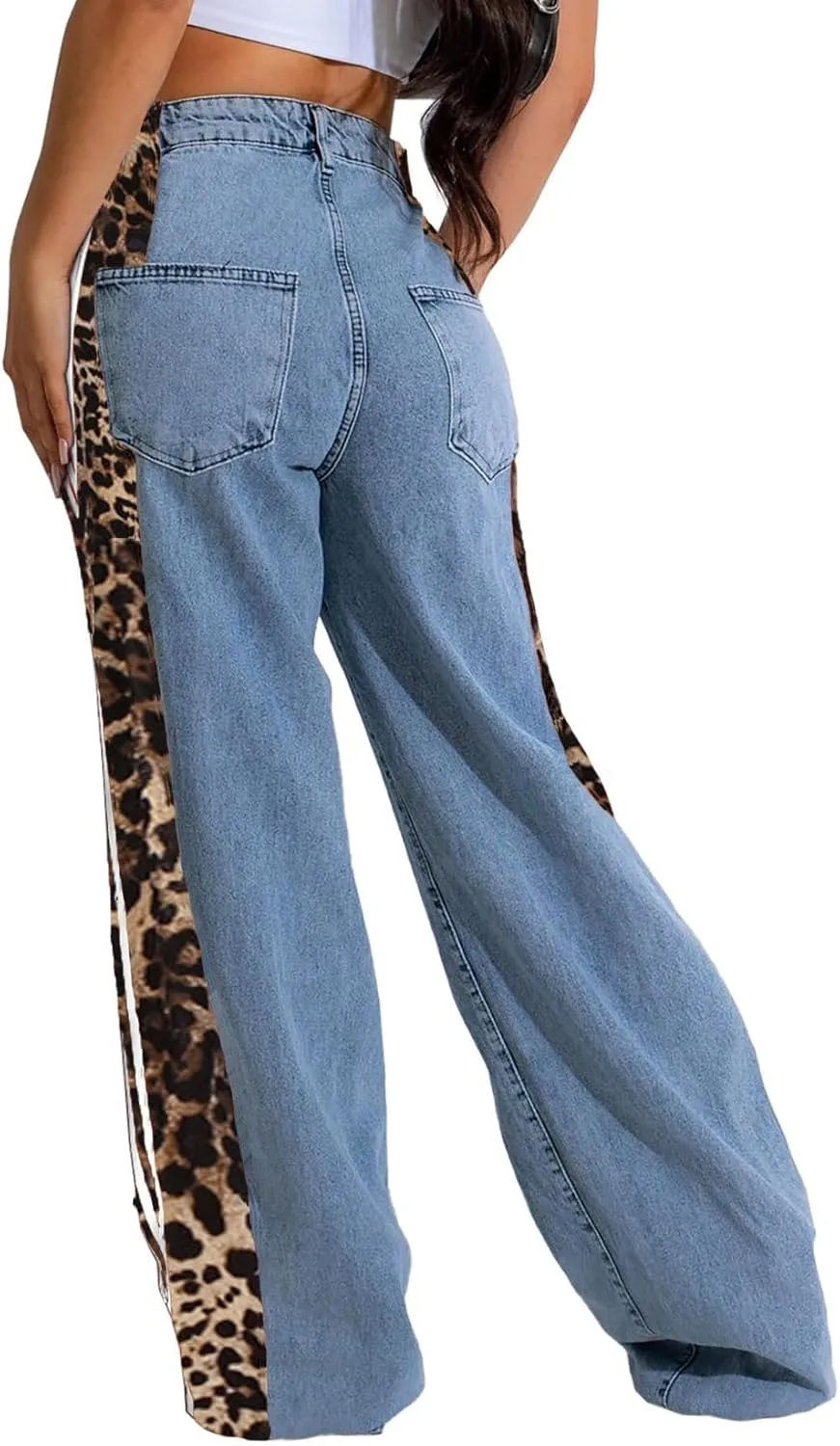Nihsatin Women's Two Tone Jeans Wide Leg High Waisted Stretchy Buttoned Denim Pants