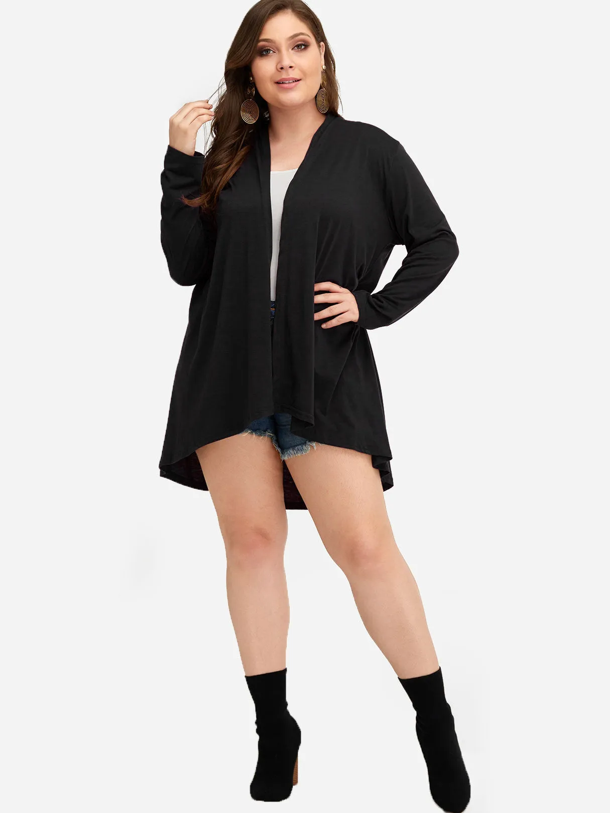 OEM ODM Plain Long Sleeve Curved Hem Black Plus Size Coats & Jackets