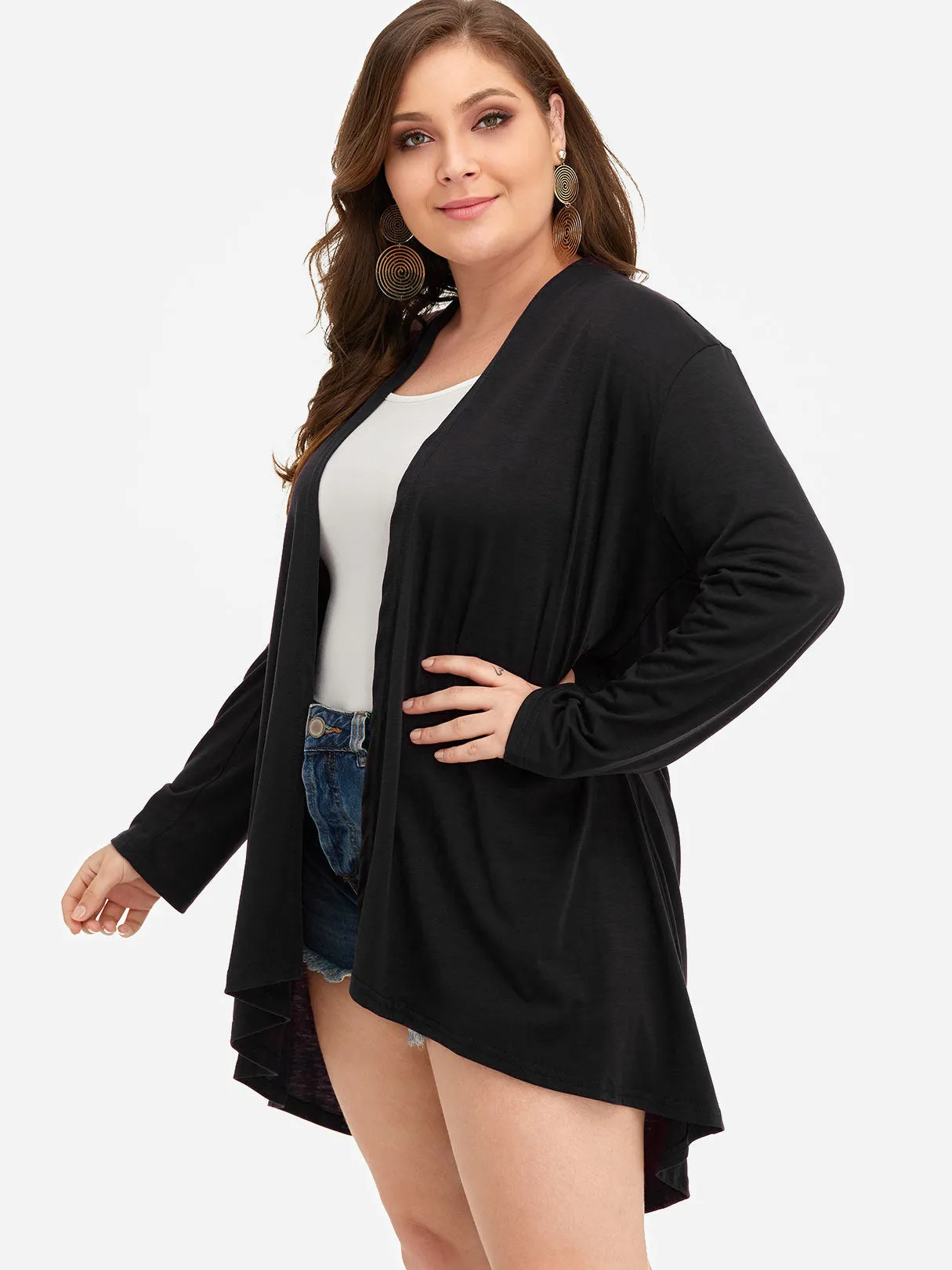 OEM ODM Plain Long Sleeve Curved Hem Black Plus Size Coats & Jackets