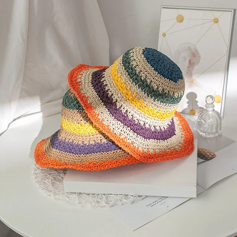 Paziye Straw Woven Rainbow Bucket Hat