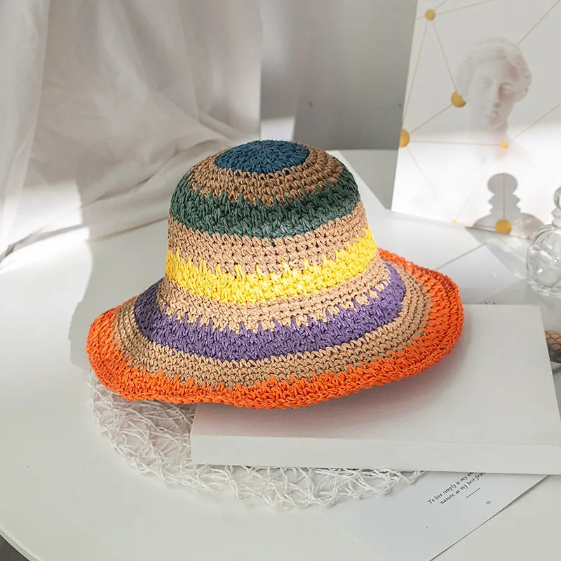 Paziye Straw Woven Rainbow Bucket Hat