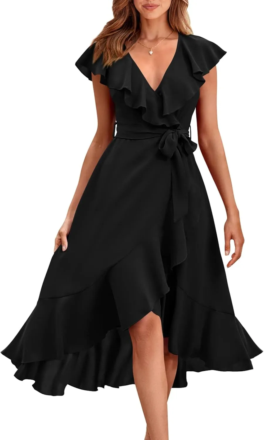 PRETTYGARDEN Women's 2025 Summer Cross Midi Dress Casual Boho Deep V Neck Short Sleeve Ruffle Hem Split Beach Long Dresses
