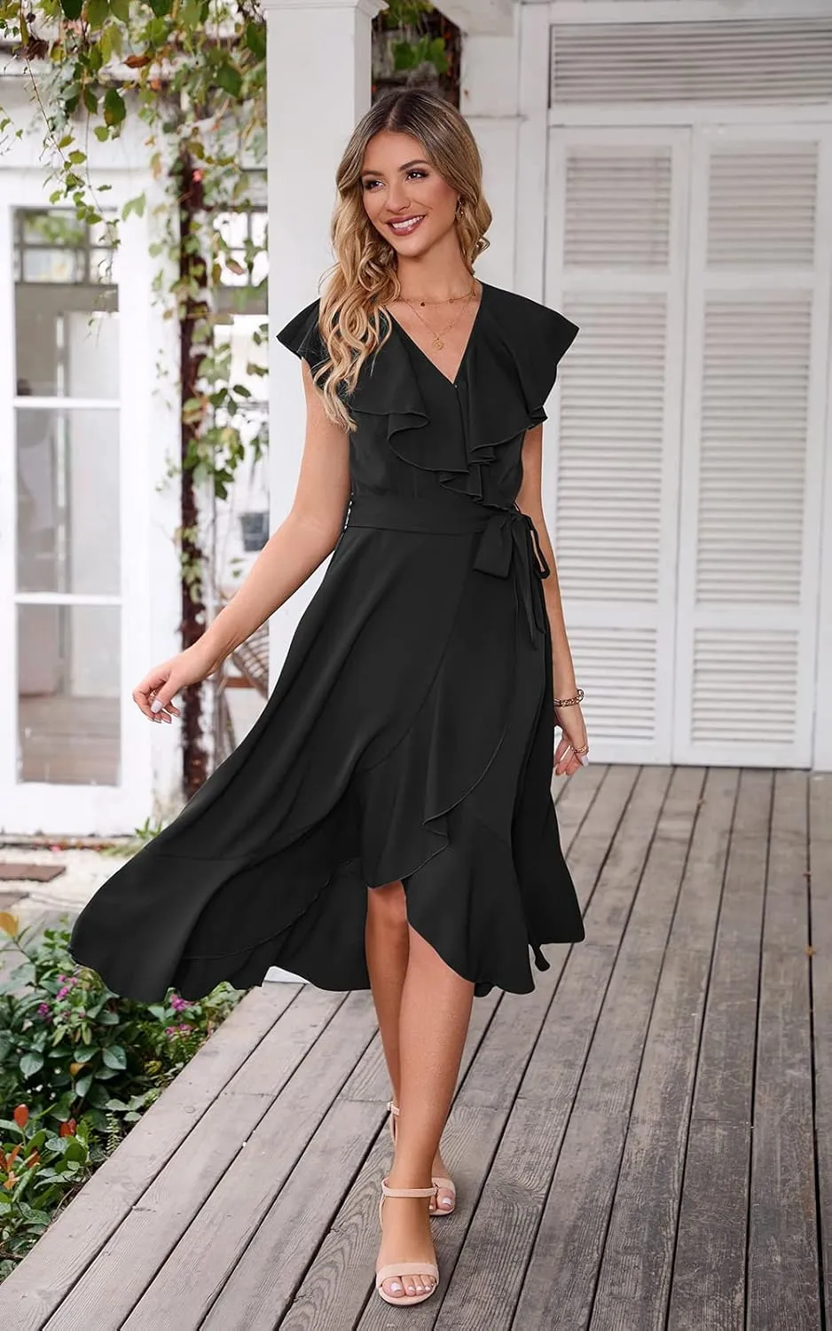 PRETTYGARDEN Women's 2025 Summer Cross Midi Dress Casual Boho Deep V Neck Short Sleeve Ruffle Hem Split Beach Long Dresses
