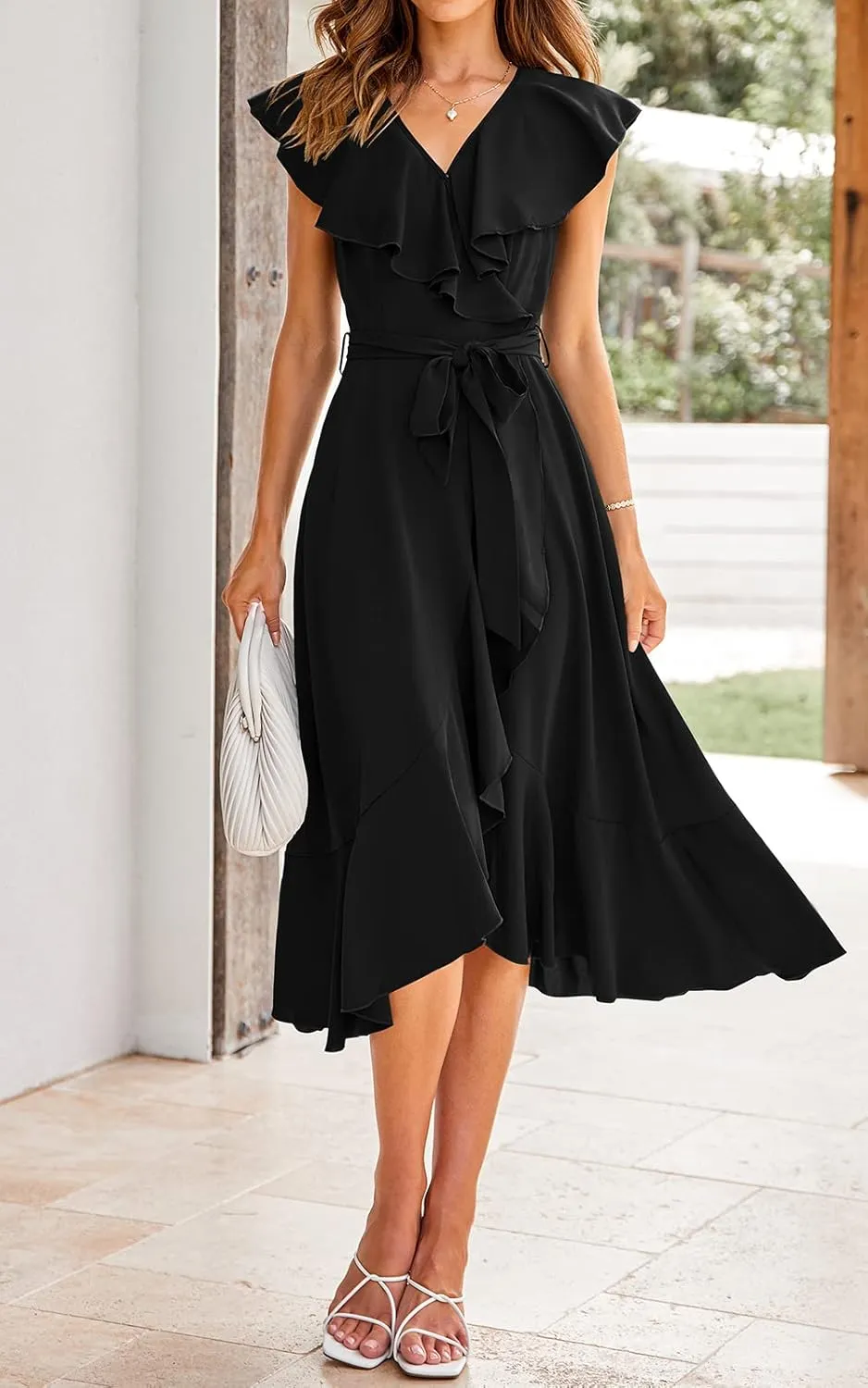 PRETTYGARDEN Women's 2025 Summer Cross Midi Dress Casual Boho Deep V Neck Short Sleeve Ruffle Hem Split Beach Long Dresses
