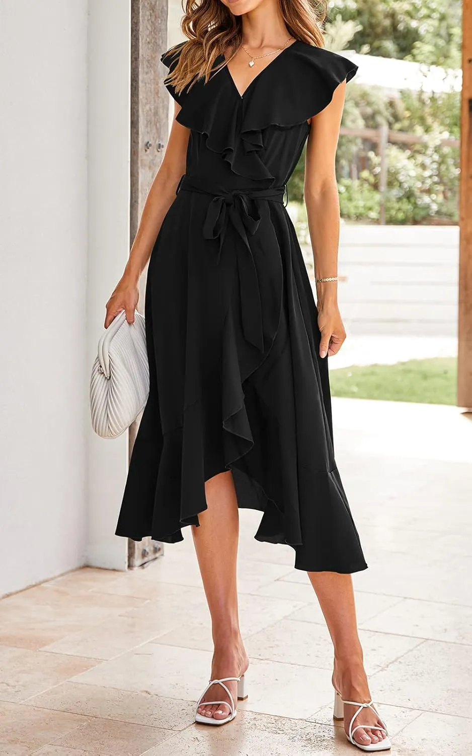 PRETTYGARDEN Women's 2025 Summer Cross Midi Dress Casual Boho Deep V Neck Short Sleeve Ruffle Hem Split Beach Long Dresses