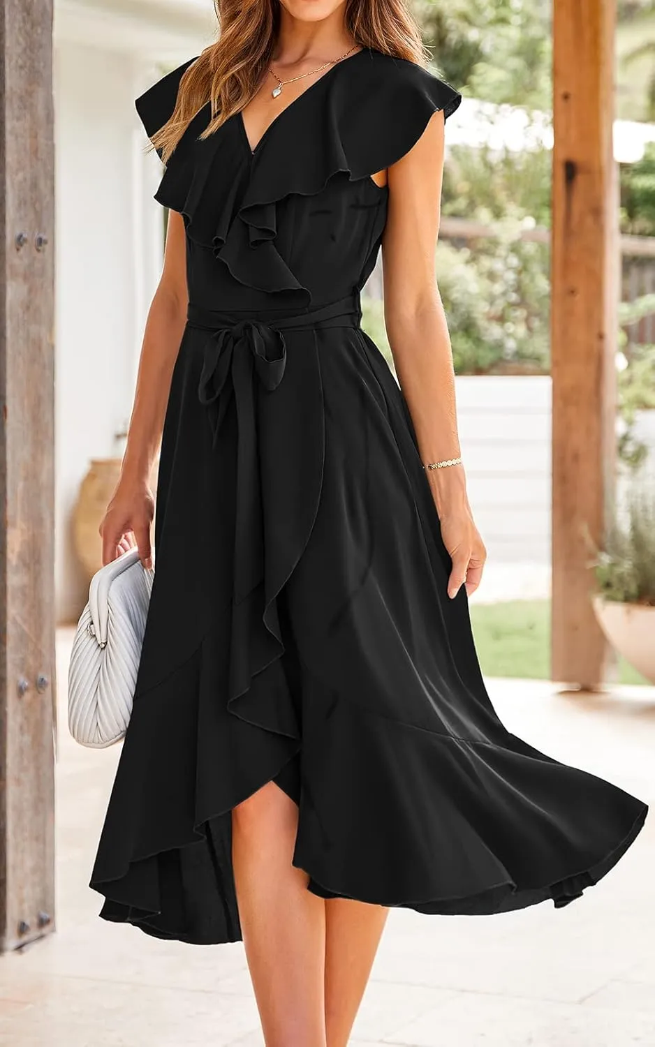 PRETTYGARDEN Women's 2025 Summer Cross Midi Dress Casual Boho Deep V Neck Short Sleeve Ruffle Hem Split Beach Long Dresses
