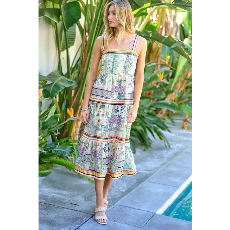PRINTED SQUARE NECK MIDI DRESS