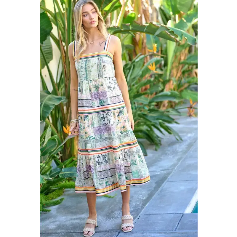 PRINTED SQUARE NECK MIDI DRESS