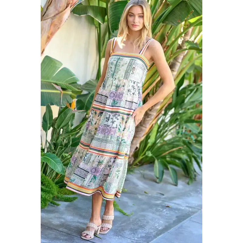 PRINTED SQUARE NECK MIDI DRESS