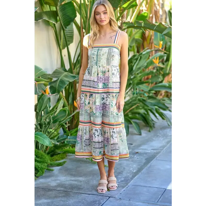PRINTED SQUARE NECK MIDI DRESS