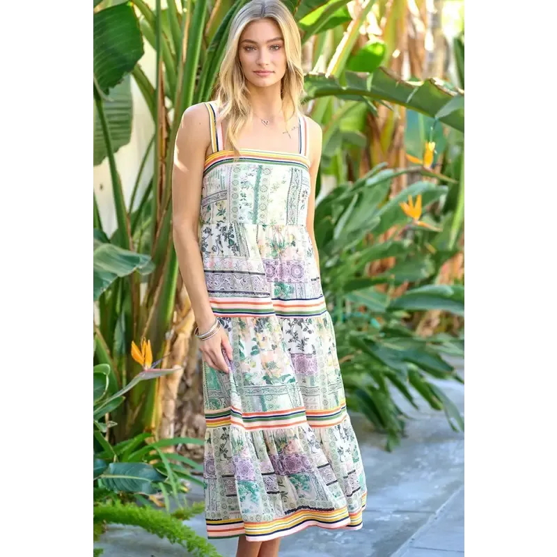 PRINTED SQUARE NECK MIDI DRESS