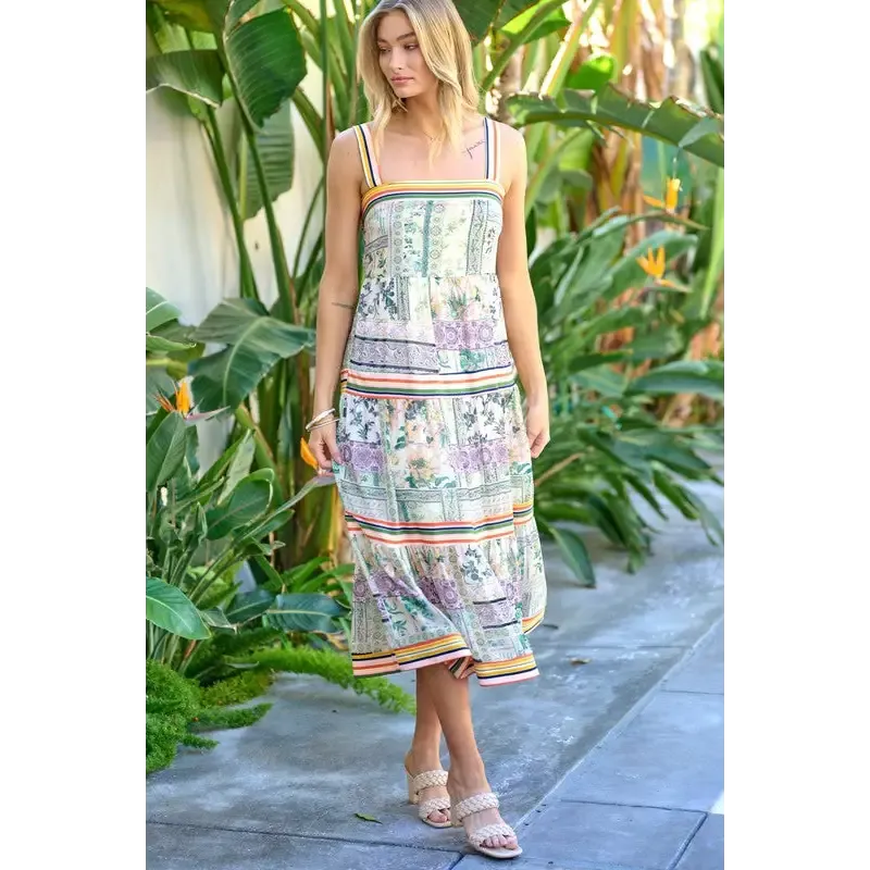 PRINTED SQUARE NECK MIDI DRESS